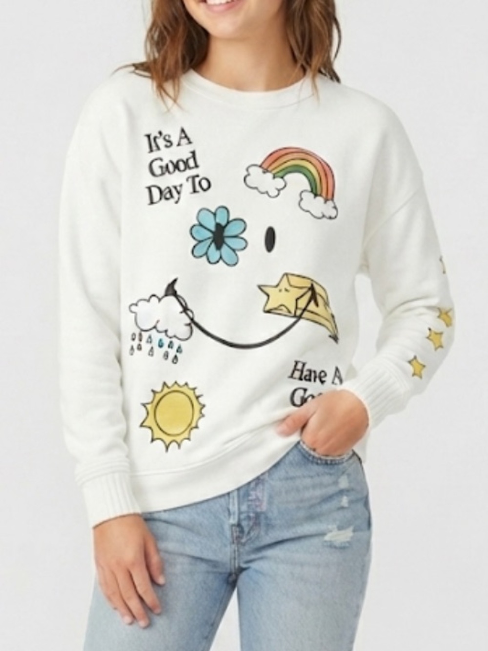 Women's White Graphic Crewneck Sweater - Playful Weather Motif Size Medium